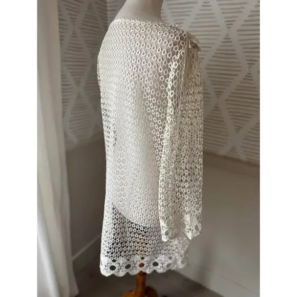 Small Cream Lace Knit Croquet Coastal Grandma Dress Overlay or Swim Coverup - Picture 6 of 7